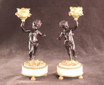 Paar antieke putti kandelaars - Kandelaber (2) - Brons,, Antiek en Kunst