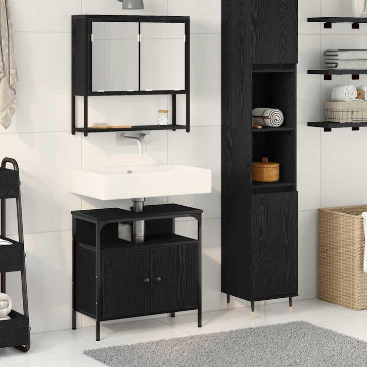 vidaXL Badkamermeubel Set met plank 2 pcs Zwart Bewerkt hout, Maison & Meubles, Salle de bain | Meubles de Salle de bain, Envoi