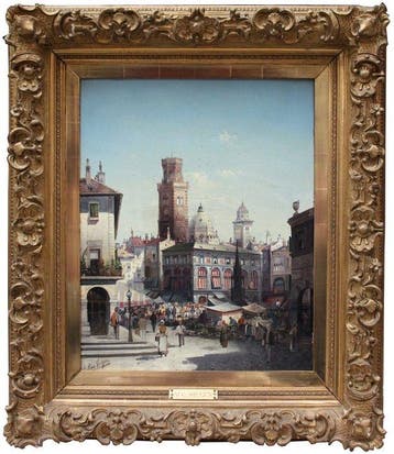 August Siegen (1850) - Market scene in Bologna, Antiek en Kunst