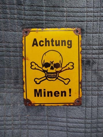 Let op: mijnen! - Tweede Wereldoorlog - Emaille bord - Staal