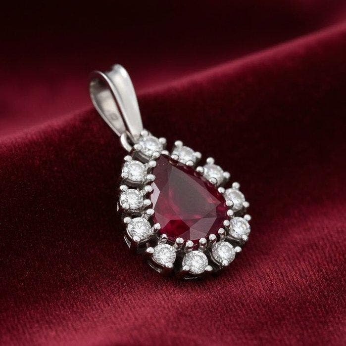 Hanger - 18 karaat Witgoud Robijn - Diamant, Handtassen en Accessoires, Antieke sieraden