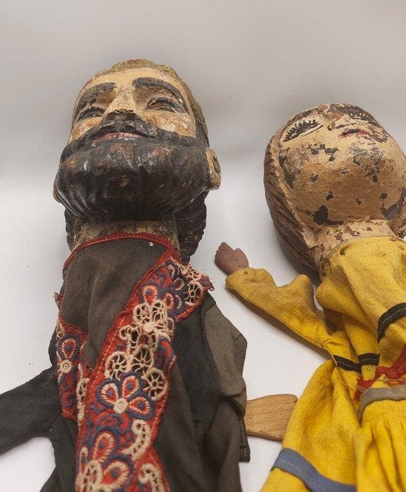 Marionet (2) - coppia burattini a bastone - Hout -, Antiek en Kunst, Antiek | Speelgoed