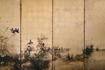 Un paravent byobu à six panneaux, en feuilles dargent,