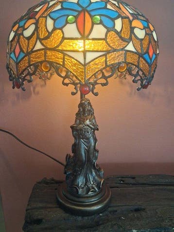 Tafellamp met beeldje - Glas, Metaal, Brons