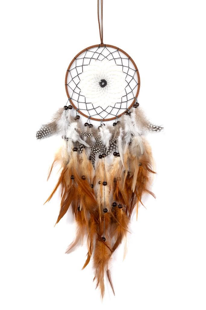 KIMU® Dromenvanger Bruin Wit Dreamcatcher Veren Macramé Bohe, Hobby en Vrije tijd, Feestartikelen, Nieuw, Ophalen of Verzenden