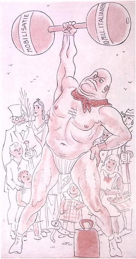 Mussolini wil geen vrede op spotprent (lijst optie, Lithos), Antiek en Kunst, Kunst | Litho's en Zeefdrukken, Verzenden