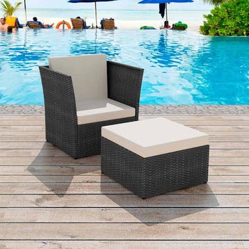 vidaXL Tuinstoel met voetenbank poly rattan zwart, Verzenden