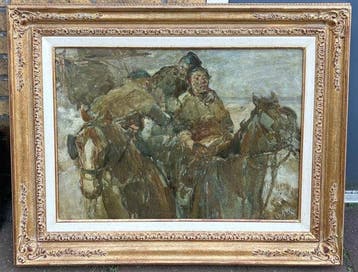 G von Bochmann (1850-1930) - Kar met vissers op het strand, Antiquités & Art