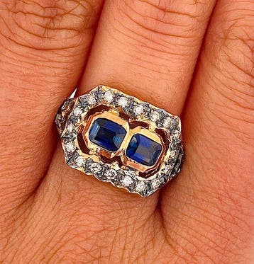 Zonder minimumprijs - Ring - 9 kt. Geel goud, Zilver Saffier