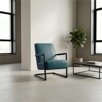 Set van 2 Leren fauteuils Lodge - Hermes Turquoise (blauw), Nieuw, Ophalen of Verzenden, 50 tot 75 cm, Leer