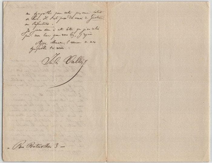 Jules Vallès - Lettre autographe signée à [Edmond About], Verzamelen, Film en Tv