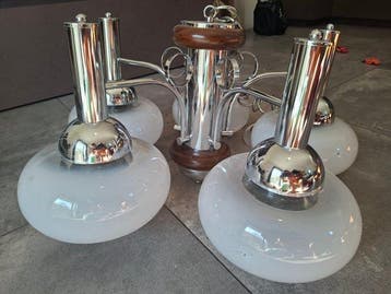 Lampe à suspendre - Verre, Chrome, Bois, Métal