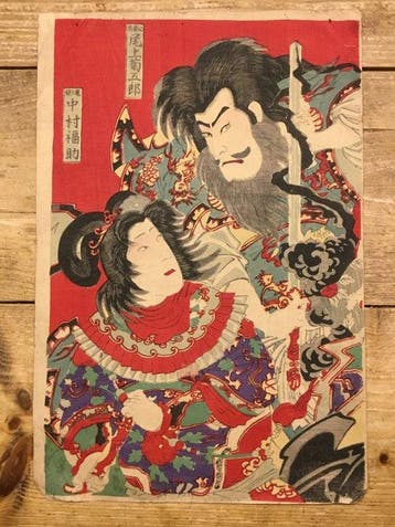 Twee kabuki-acteurs als krijgers uit het verhaal suikoden