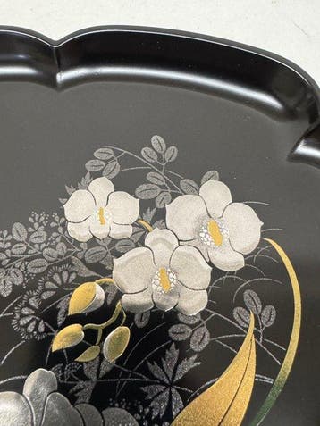Japanse vintage dienblad, Obon-lakwerk, maki-e, Phalaenopsis