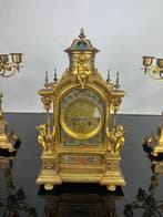 Horloge et parure de cheminée (3) - Bronze, Émail -, Antiquités & Art, Antiquités | Horloges