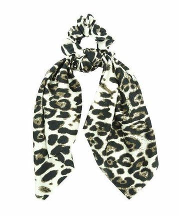 Haarelastiek Scrunchie – Panterprint – 25cm Linten – Beige, Nieuw