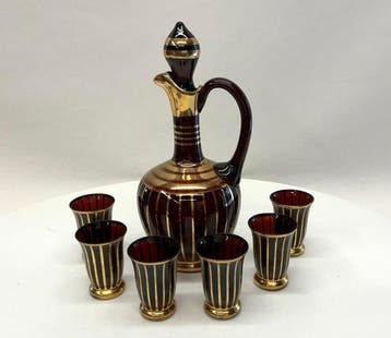 Boheemse liquerset – karaf met 6 glaasjes – amberglas en