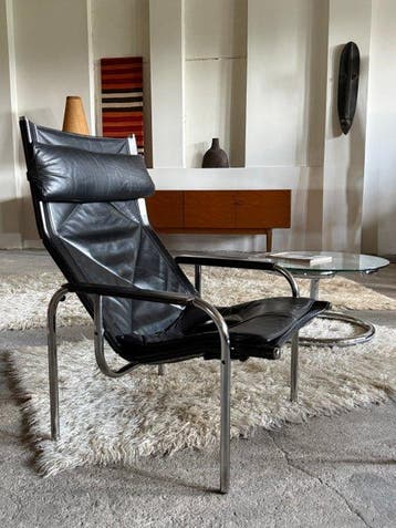 Strässle - Hans Eichenberger - Fauteuil - Leer, staalbuis,