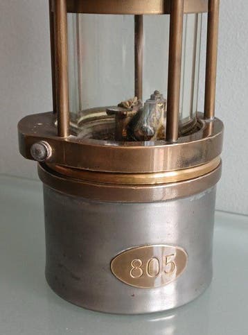 Lamp - Messing, Glas - Mijnlamp, Antiek en Kunst
