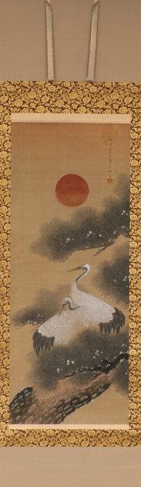 Hangend rolschilderij van kraanvogels (kakejiku ) -