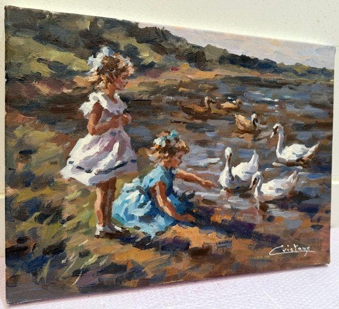 Francis Cristaux (1950) - Fillettes et les Cygnes au bord du, Antiquités & Art, Art | Peinture | Classique