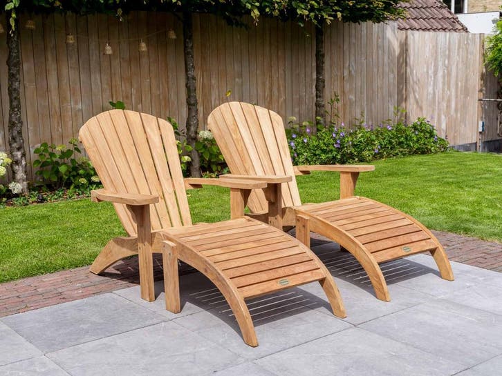 2x Ligstoel Riviera met voetenbankjes AANBIEDING!, Tuin en Terras, Tuinsets en Loungesets, Bijzettafel, Hocker, Stoel, Nieuw, Teakhout
