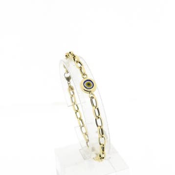 Gouden ankerschakel armband met Nazar oog (Schakelarmband), Gebruikt, Ophalen of Verzenden, Met edelsteen, Goud