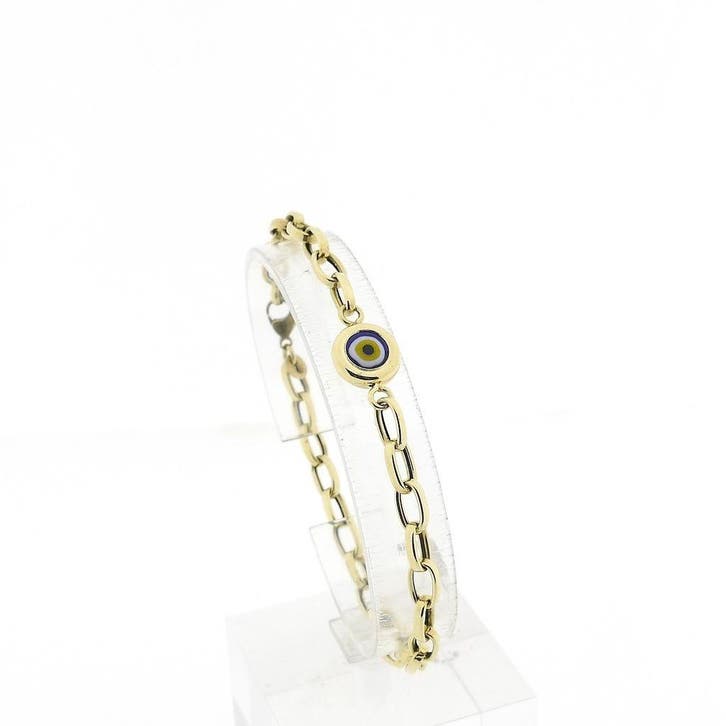 Gouden ankerschakel armband met Nazar oog (Schakelarmband), Handtassen en Accessoires, Armbanden, Overige kleuren, Gebruikt, Met edelsteen
