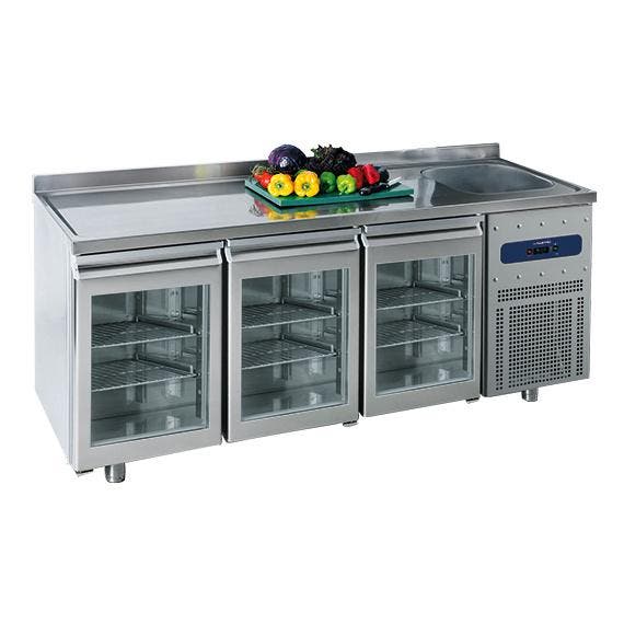 Koelwerkbank | Spoelbak | 474L | 3 Glasdeuren (1/1 GN) |, Articles professionnels, Horeca | Équipement de cuisine, Envoi