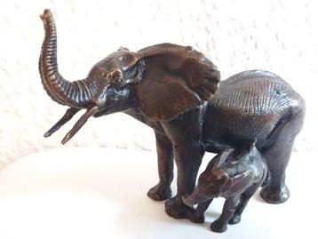 Beeld, Elephant and her baby - 15 cm - Koud geverfd brons, Antiek en Kunst