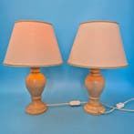 Paar Tischlampen – Balusterform in Holzoptik – Textilschirme