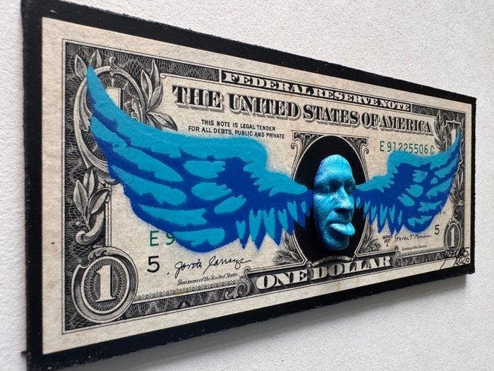 gregos - Flying dollar-blue mockery, Antiek en Kunst, Kunst | Schilderijen | Modern