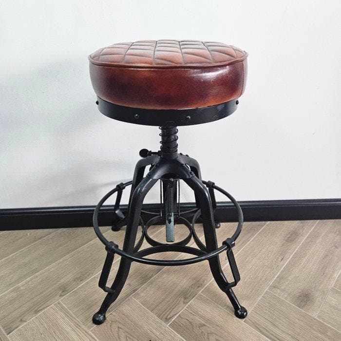 Tabouret - réglable en hauteur - Fer, Cuir - manivelle, Antiquités & Art, Art | Objets design