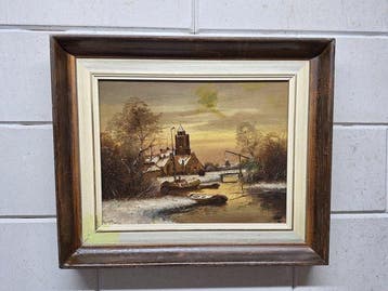 A. v d Burg (XX) - Hollands winterlandschap met kerk en, Antiek en Kunst