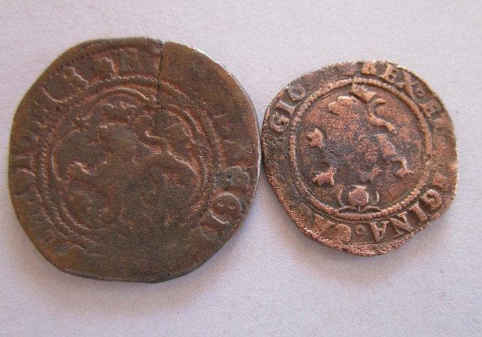 Spanje. Reyes Católicos. 4 + 2 maravedis de bronce ( lote de, Postzegels en Munten, Munten | Europa | Niet-Euromunten