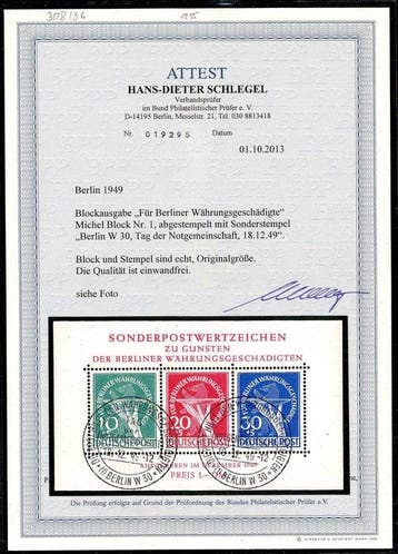 Berlijn 1949 - Blok met waardeschade uit de valuta-periode, Gestempeld