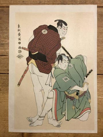 Drie Japanse houtblok prenten van Kabuki acteurs - Toshusai, Antiek en Kunst