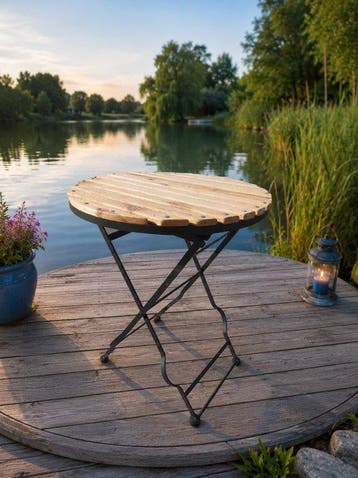Sculpture, zware ronde bistrotafel - 75 cm - bois et métal -