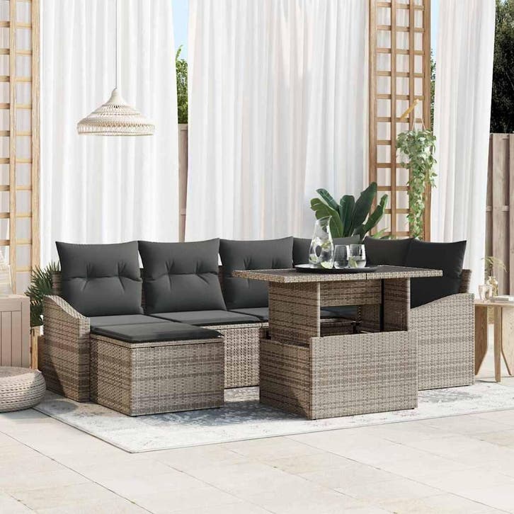vidaXL Tuinbank Set 7 pcs Grijs Poly Rattan en Poedergecoat, Tuin en Terras, Tuinsets en Loungesets, Nieuw, Verzenden