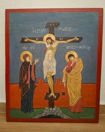 Icoon - Kruisiging van Christus - Hout - Handgeschilderd -, Antiek en Kunst