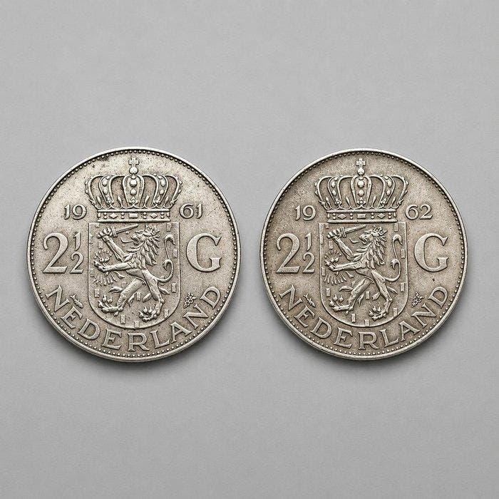 Nederland. 2 1/2 Gulden 1961/1962, Lot 2 x (Zonder, Timbres & Monnaies, Monnaies | Pays-Bas