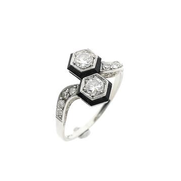 Witgouden ring met diamant en onyx; diamant 0,40 ct.; 14..., Handtassen en Accessoires, Gebruikt, Ophalen of Verzenden, 17 tot 18