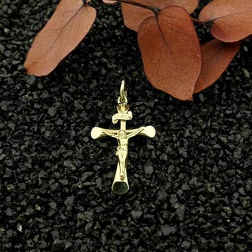 Gouden hanger van een kruis met corpus; INRI, Ophalen of Verzenden