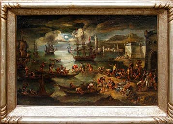 Scuola veneta (XVIII) - Marina con pescatori all’alba, Antiek en Kunst
