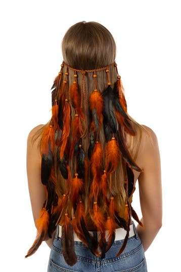 KIMU® Hoofdband Veren Oranje Zwart Ibiza Hippie Indiaan Haar, Ophalen of Verzenden