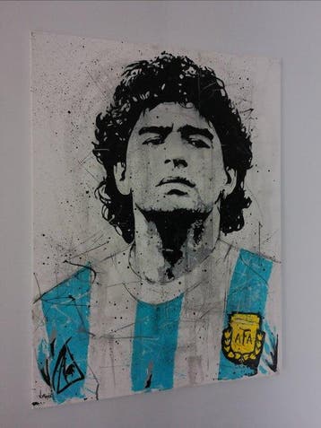 Diego Maradona - handpainted and signed painting - by artist, Nieuw