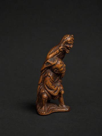 Netsuke houten doos, samurai en hannya - Japan - Edo Periode