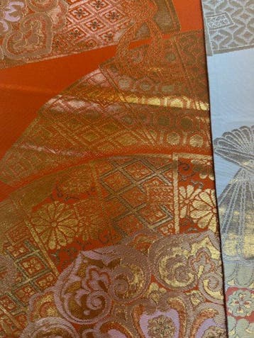 Kimono japonais vintage, obi fukuro, soie, beige et orange,
