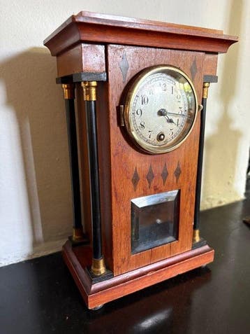 Pendule de boudoir - Junghans - Intarsia en bois, verre,, Antiquités & Art