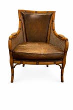 Chaise - Bois, Cuir - Fauteuil vintage avec côtés en canne, Antiquités & Art